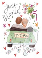 Just Married couple in a green car with hearts and flowers